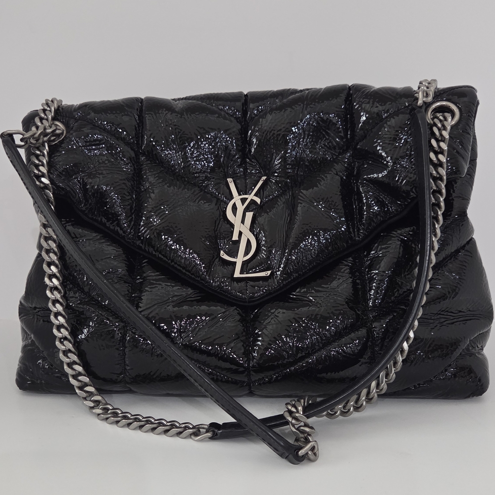 Yves Saint Laurent Black Quilted Medium Puffer Patent Leather Shoulder Bag